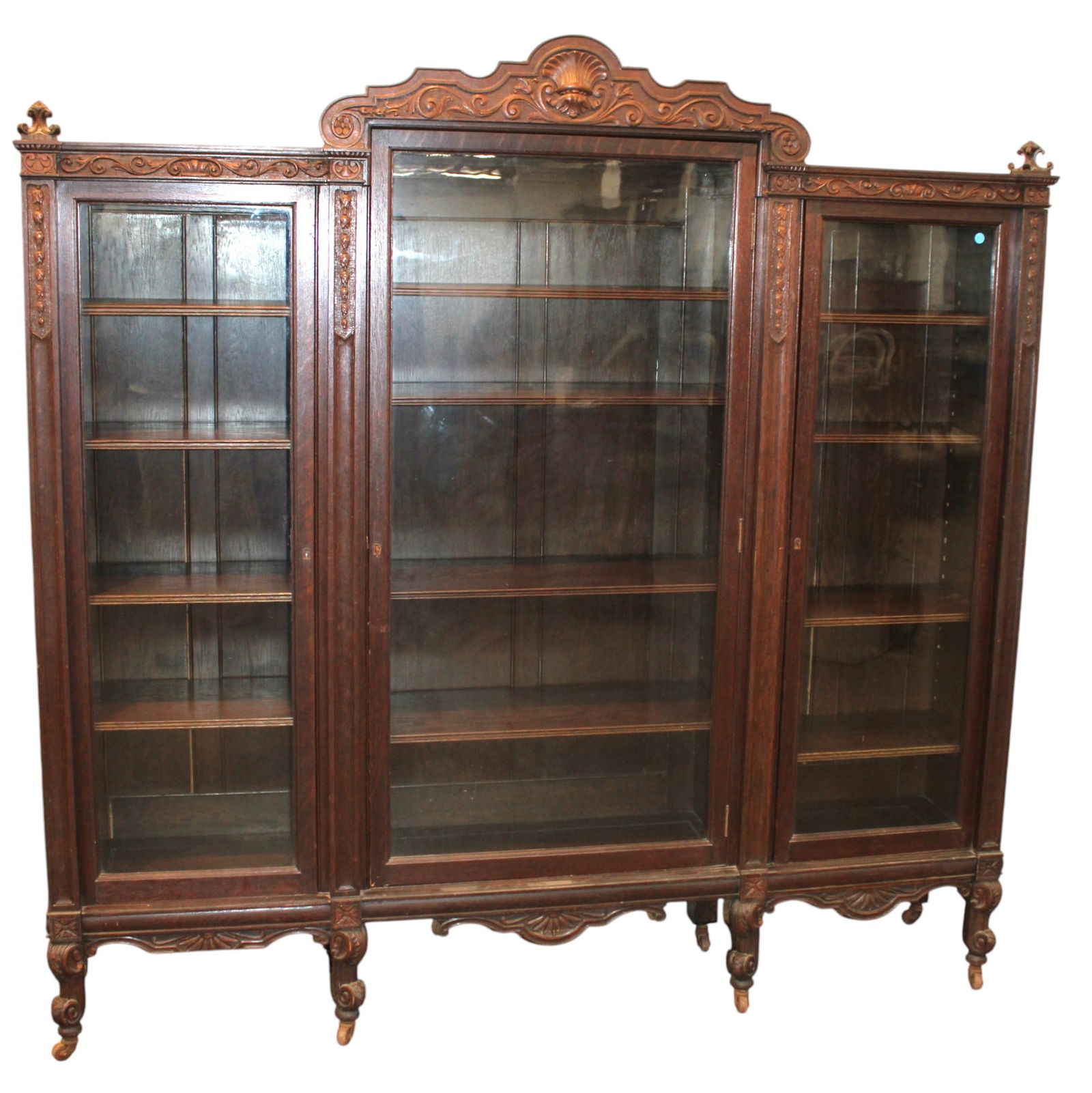 Beautiful antique 3 door oak carved bookcase in original finish, key (1 of 13)