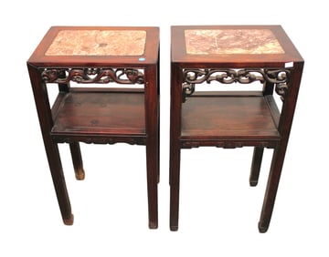 2 antique Asian carved hardwood marble top tables