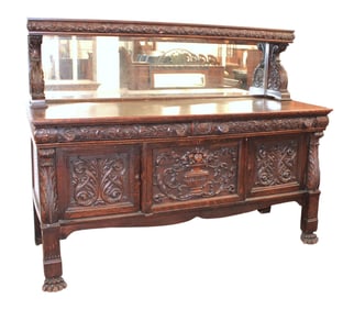 Antique highly carved bevel mirror back sideboard with fitted interior