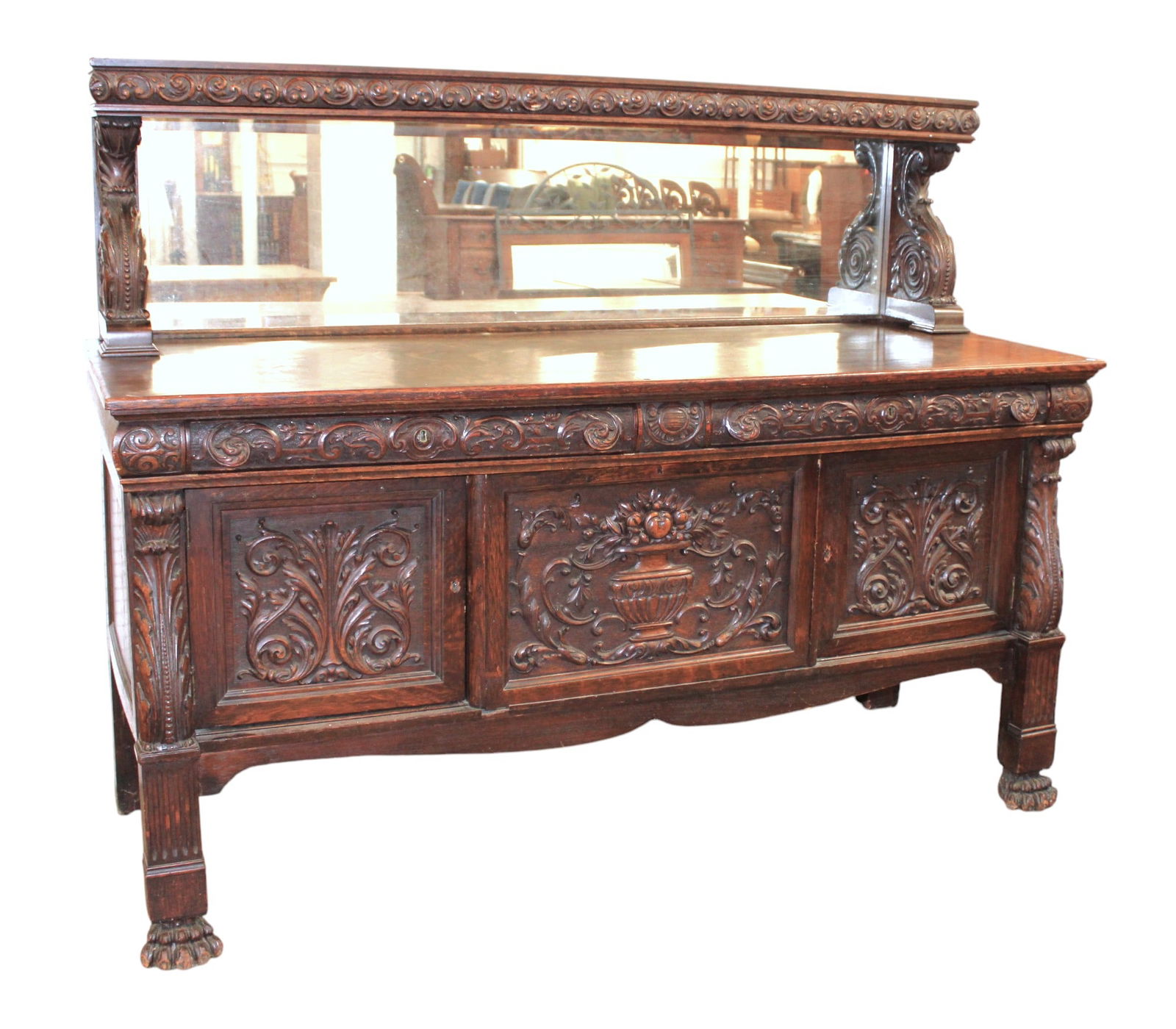 Antique highly carved bevel mirror back sideboard with fitted interior (1 of 14)