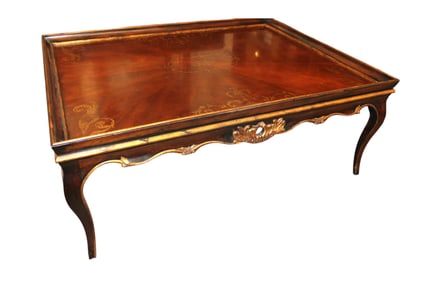 Large italian paint decorated and carved burl walnut coffee table