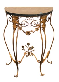 Antique iron and bronze marble top demilune console in the manner of Oscar Bach