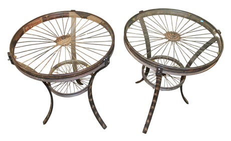 Pair of unique bicycle rim glass top accent tables