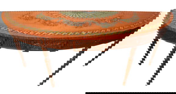 Beautiful Maitland Smith Demilune Console Table: Beautiful Maitland Smith adams paint decorated style demilune carved console table, structurally sound, original finish, good condition, no noticeable issues. 32.5"h x 72"l x 19"d