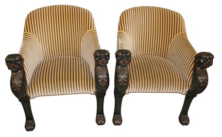 Beautiful impressive pair of Baker Stately Homes Egyptian Regency Tub chairs with all large paw claw