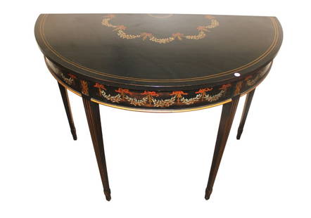 Demilune Console Table manner Maitland Smith: Elegant paint decorated demilune console table in black finish manner of Maitland Smith, structurally sound, original finish, good condition, no noticeable issues. 34.5"h x 46"w x 23"d