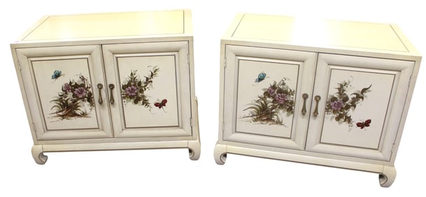 Pair Mid Century Floral Decorated Nightstands