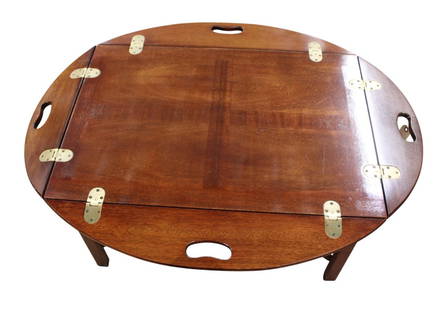 Butterfly Butler's Serving Coffee Table: Burl mahogany butterfly butler's serving coffee table, structurally sound, original finish, good condition, no noticeable issues. 22"h x 23"w x 31"d, opens to 31.5"w x 40"d