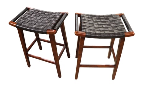 Pair Bar Stools with Basket Weave Leather Seats