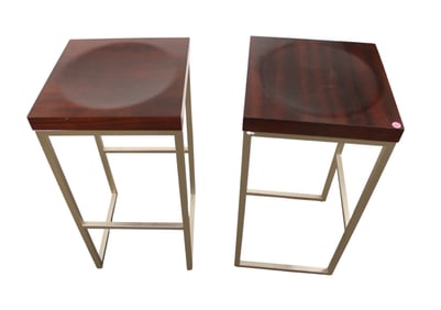 Pair Modern Mahogany Top Metal Base Stools