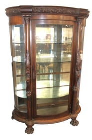 Antique Oak Curve Glass Lion Head China Cabinet