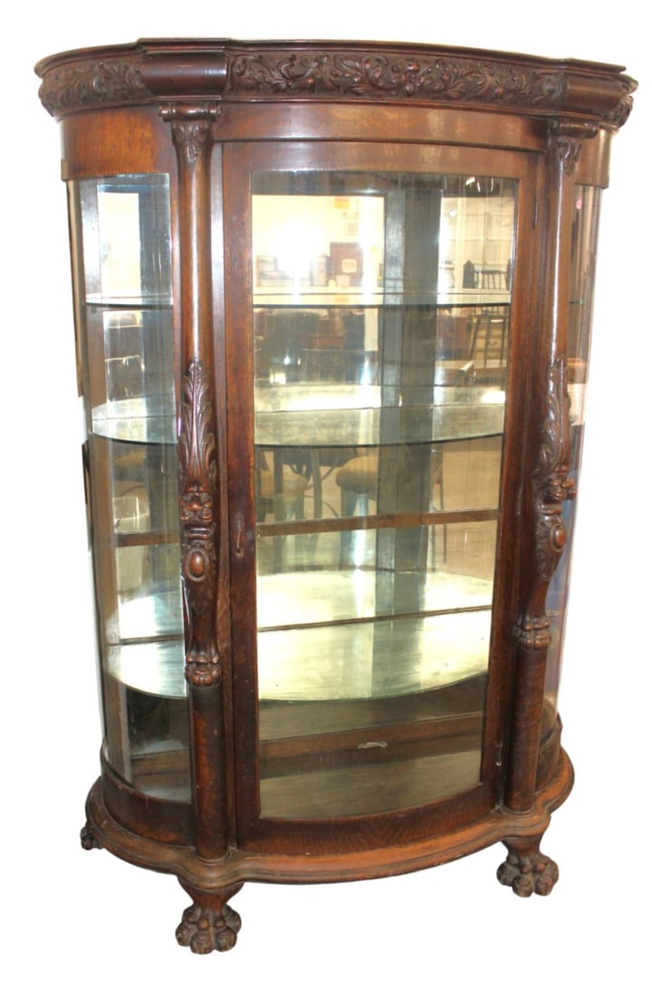 Antique Oak Curve Glass Lion Head China Cabinet (1 of 9)