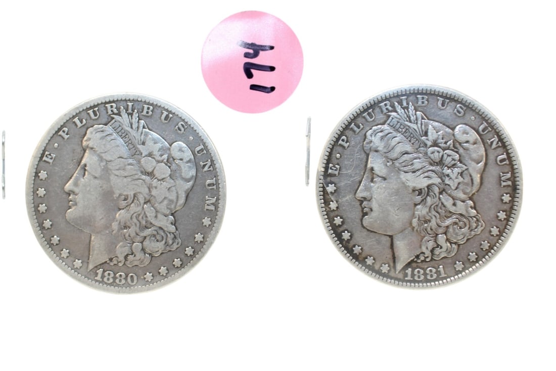 2 US Morgan Silver Dollars: 1880-O and 1881 (1 of 3)