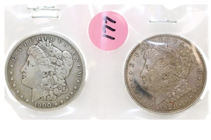 2 US Morgan Silver Dollars: 1900 and 1921
