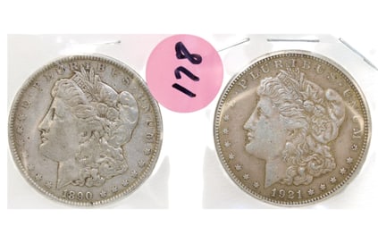 2 US Morgan Silver Dollars: 1890-0 and 1921