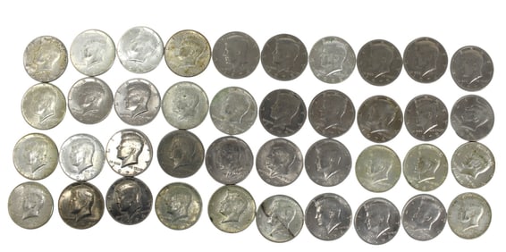 40 US Kennedy Half Dollars: various dates, 1965