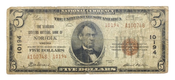 US 1929 $5 National Currency Bill Norfolk Virginia