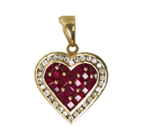 14kt gold diamond heart pendant with ruby accents