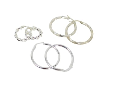 3 pairs of sterling hoop earrings, .75" to 1" diameter