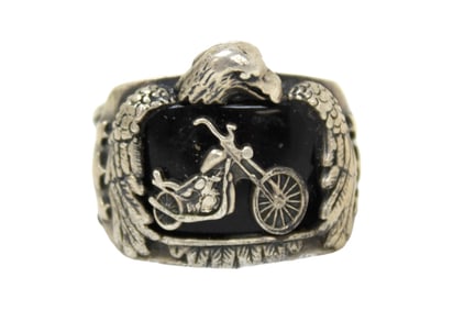 NICE Sterling Silver with Black Onyx Motorcycle Ring