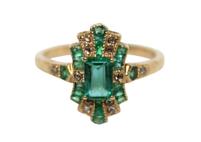 Emerald & Diamond Solid 14kt Yellow Gold Ring