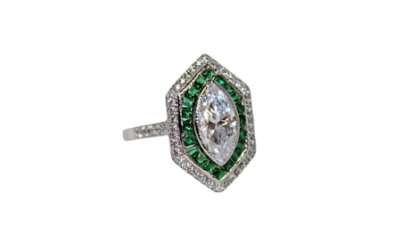 Marquis lab created emerald & diamond gold ring over s/s
