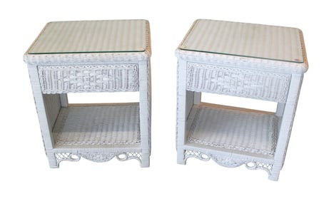 Pair white wicker nightstands with glass tops