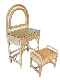 2pc wicker glass top vanity with mirror & bench