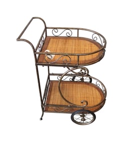 2 tier scroll iron and wicker serving tea cart on wheels