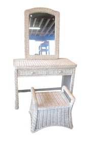 Wicker vanity, mirror & bench in natural white wash finish