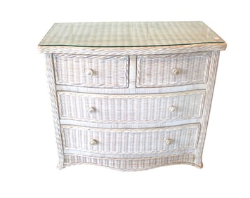 Wicker natural white finish low chest with glass top