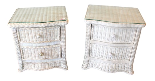 Nice pair wicker nightstands with glass tops