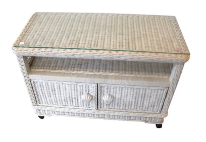 Wicker 2 tier rolling utility stand with glass tops