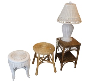 Pair wicker round tables, square table & wicker lamp