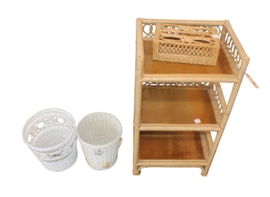 Wicker waste baskets, tissue box and 3 tier shelf