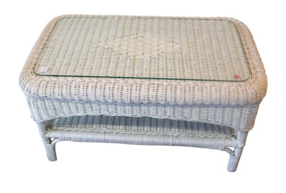 White wicker glass top coffee table