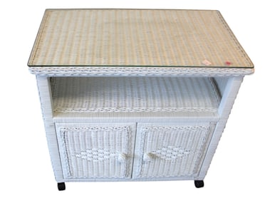 White wicker glass top two tier 2 door utility stand