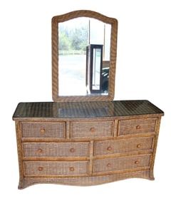 Quality wicker 7 drawer low chest with mirror