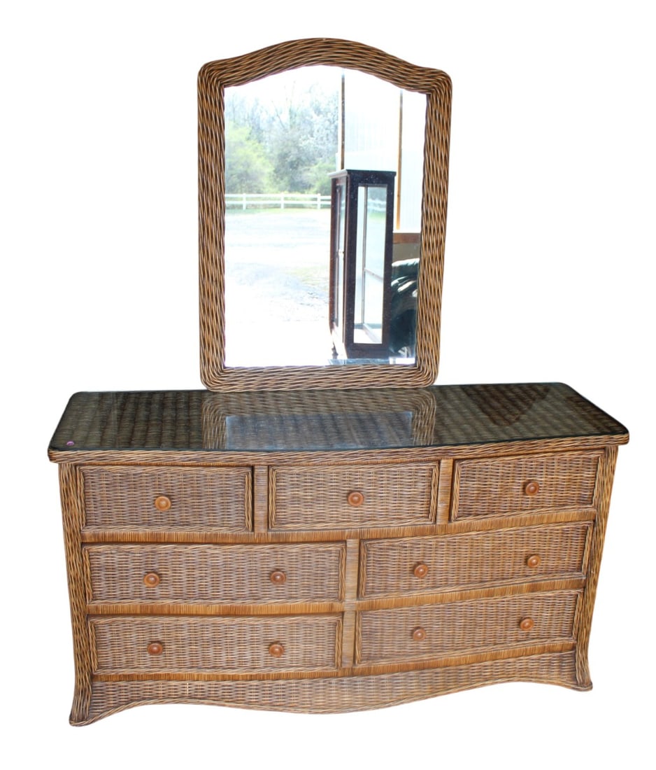 Quality wicker 7 drawer low chest with mirror: Quality 2 piece natural finish wicker 7 drawer low chest with mirror. Structurally sound and in good condition no noticeable issues seen. Chest 35"h x 65"w x 23"d, Mirror 42.5"h x 30"w x 1.5"d