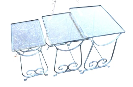 3 patio nesting tables, glass tops & scroll metal bases