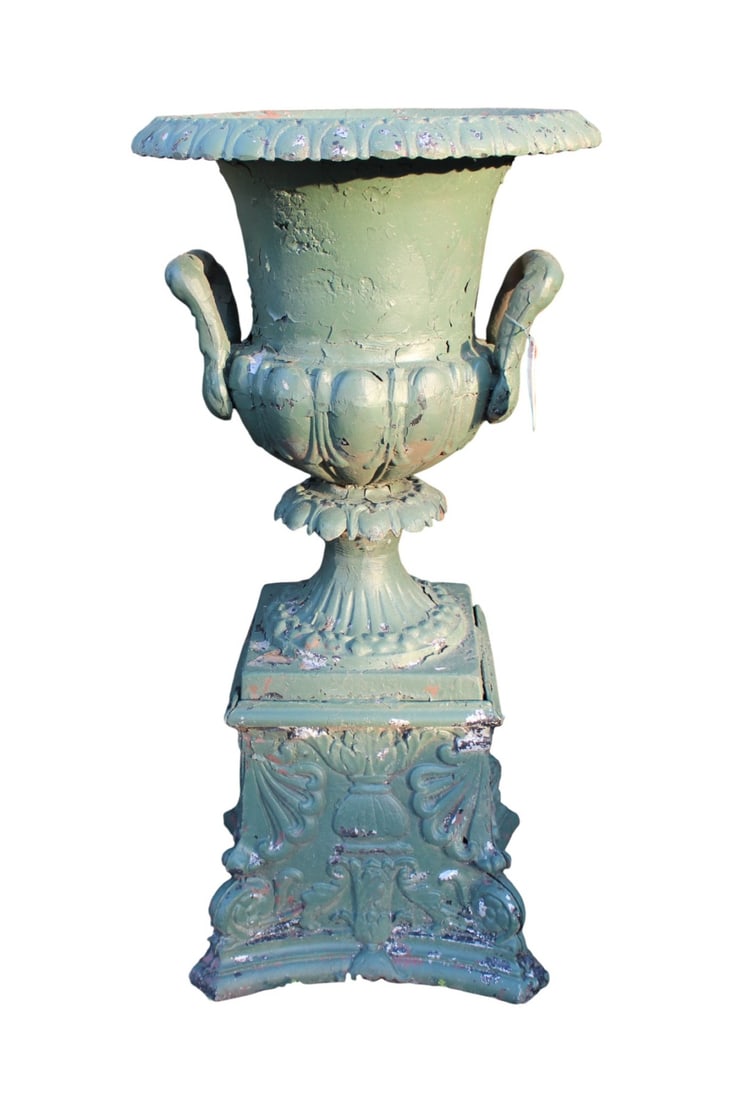 Vintage cast aluminum ornate garden urn planter: Vintage cast aluminum ornate garden urn planter. Structurally sound with some paint loss. 31"h x 16" diameter