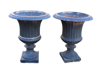Pair vintage cast iron Victorian garden urn planters
