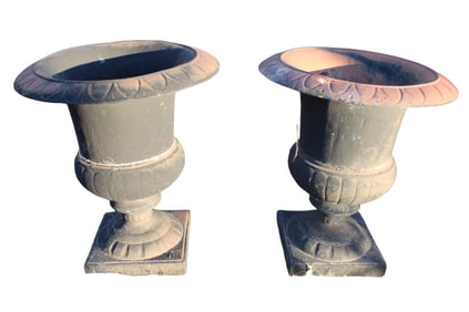 Pair vintage cast iron Victorian garden urn planters