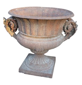 Antique cast iron double handled garden urn planter