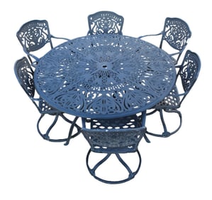 Quality 8pc ornate patio set attrib Fortune Off Furn. (Chair spring mechanisms need replaced.)