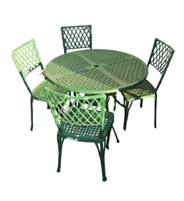 Semi antique 5 piece cast aluminum patio set in faux bamboo and basket weave pattern