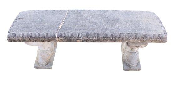 Vintage cast stone garden bench on fish head base