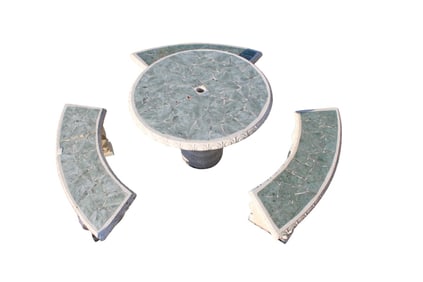 Vintage 4 piece cast stone mosaic patio set, curved benches