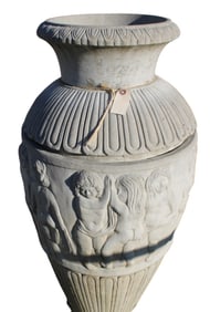 Large cast stone garden urn with nude dancing ladies