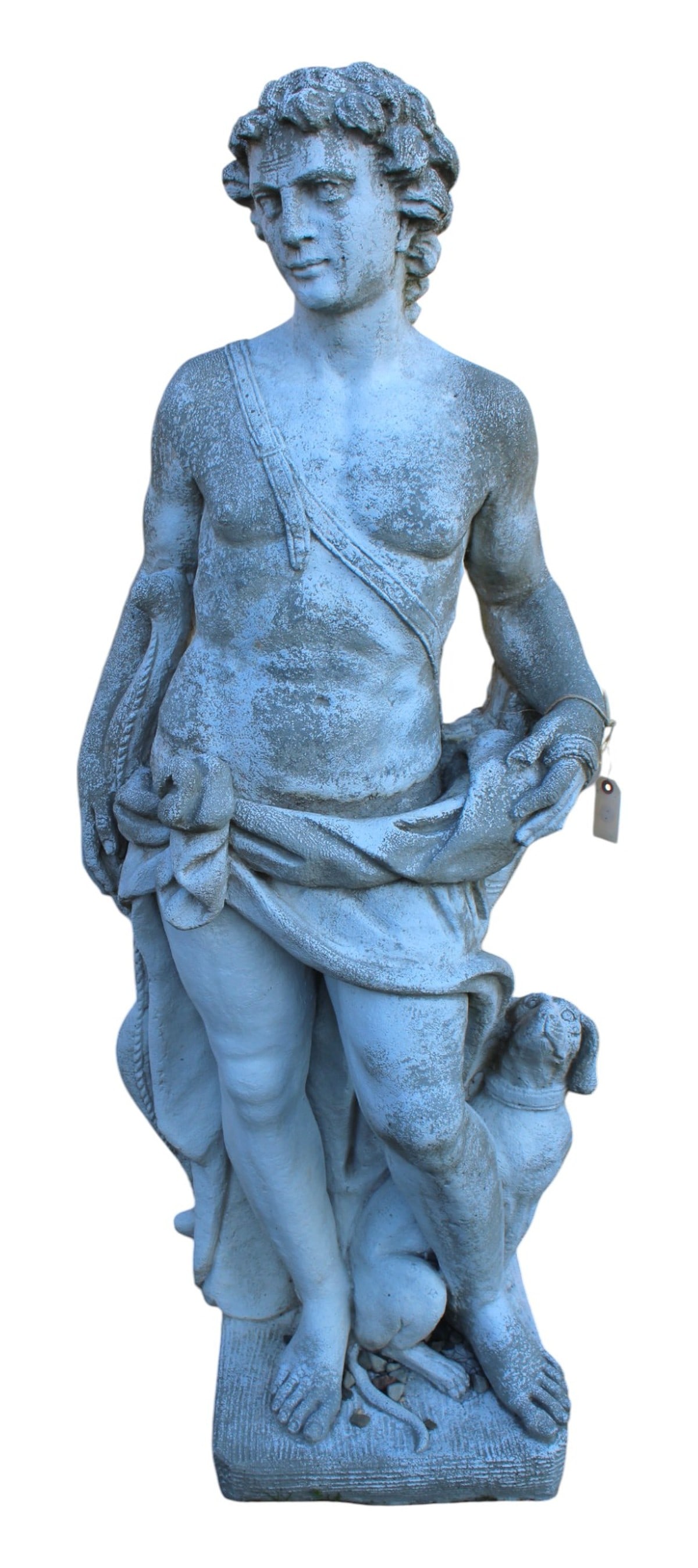 Vintage cast stone statue of man and dog on pedestal (1 of 8)